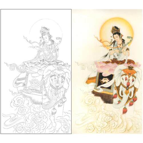 高清工笔画打印白描底稿竖幅人物普贤工笔实物透稿初学者临摹676X