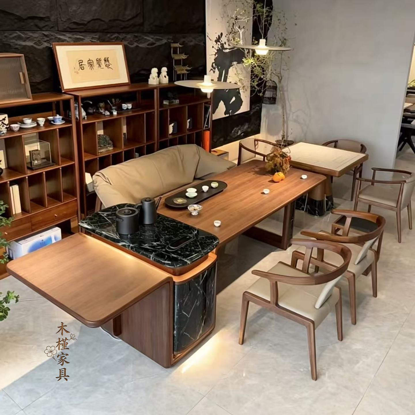 意式岩板黑胡桃木茶台2026新款高端客厅家用实木茶桌掼蛋桌组合图片