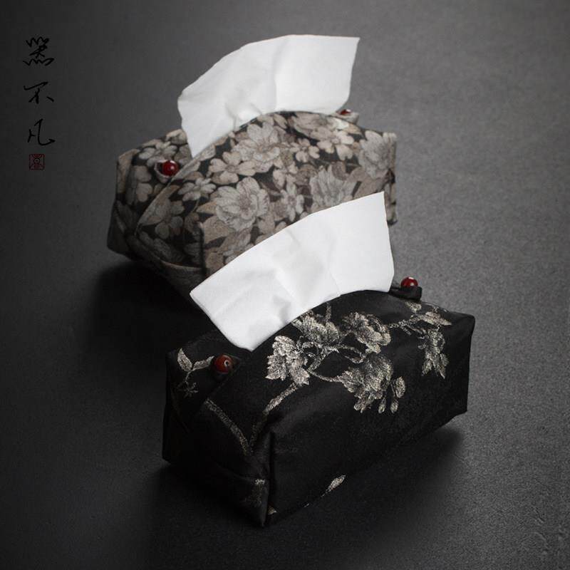 新中式织锦布艺纸巾盒茶室纸巾收纳盒布包客厅车载高级抽纸盒套子