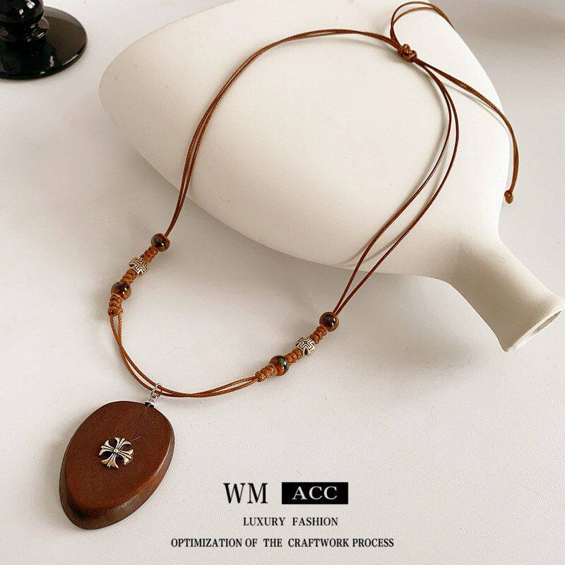 十字架陶瓷毛衣链项链饰品批发复古椭圆民族风木头小众吊坠设计感