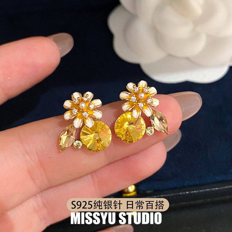 针耳钉耳环风真金小众纯银18k耳饰法式S925电镀花朵滴油锆石田园