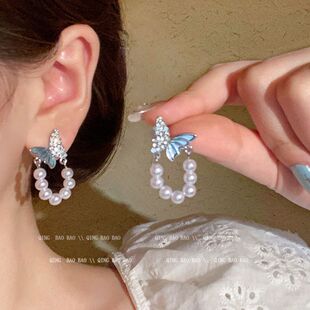 钻饰耳环U耳钉时尚设计感形拼接珍珠耳饰小众女镶钻气质流苏蝴蝶