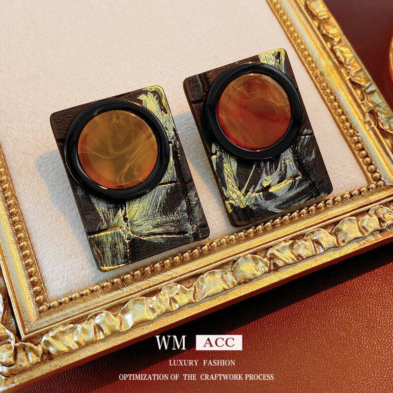 方形银针女耳钉耳饰耳环皮革圆形高级感复古树脂气质轻奢小众夸张