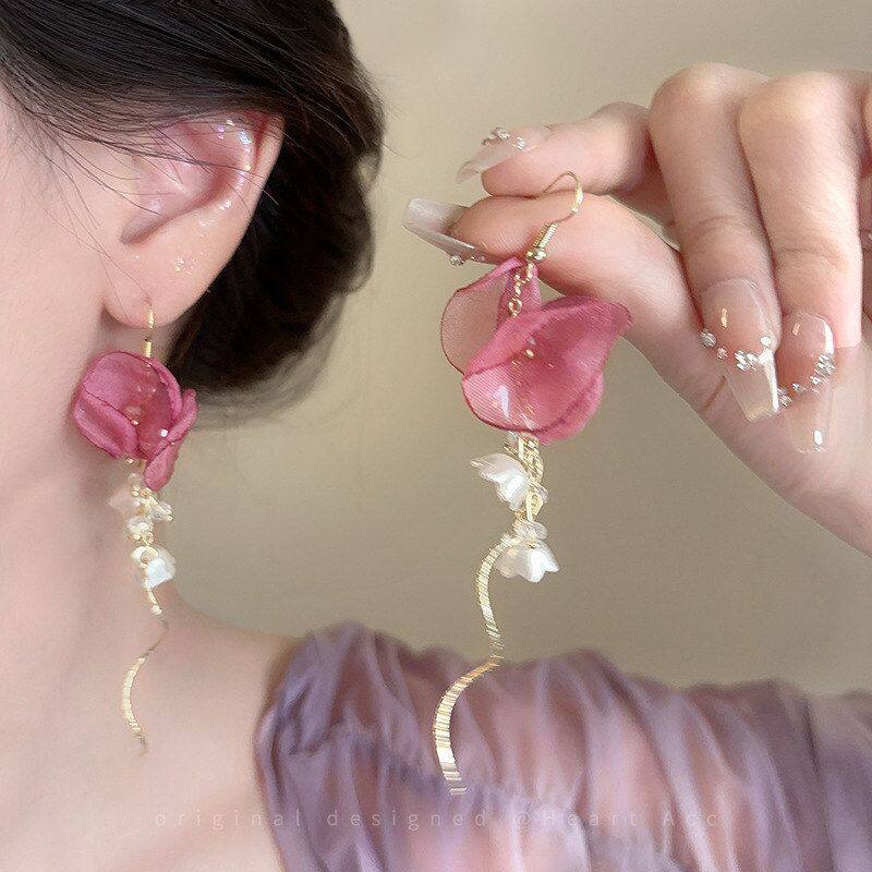 潮流流苏超仙耳环独特耳坠珍珠优雅花朵网纱设计感度假风网红法式