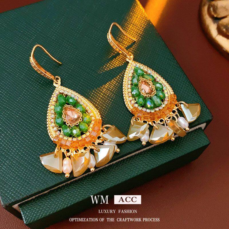 波西米亚吊坠耳环水滴轻奢复古水晶高级感镶钻耳钩耳饰民族风时尚