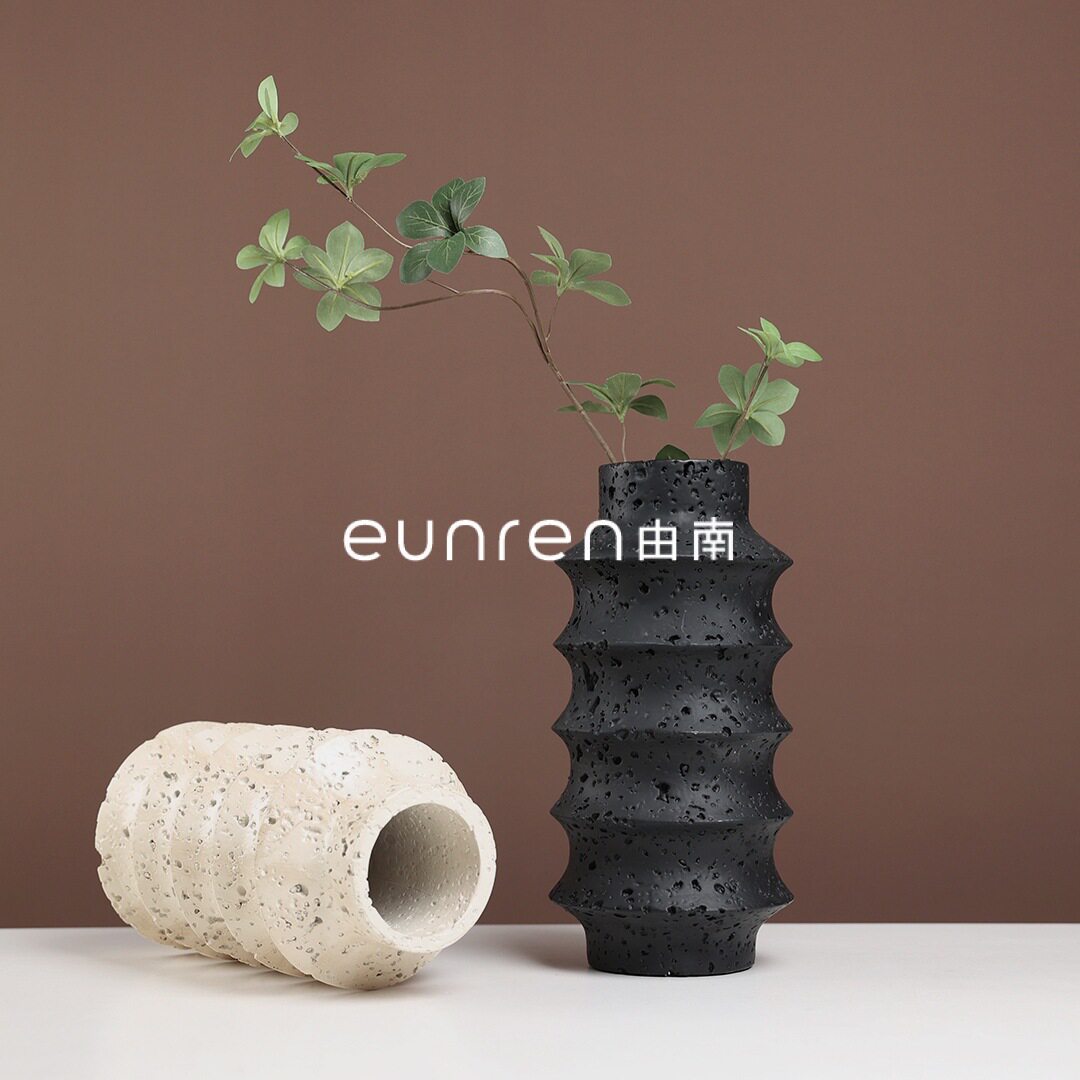 现代简极轻奢洞石花瓶装饰品家居茶几创意艺术插花器样板房间摆件