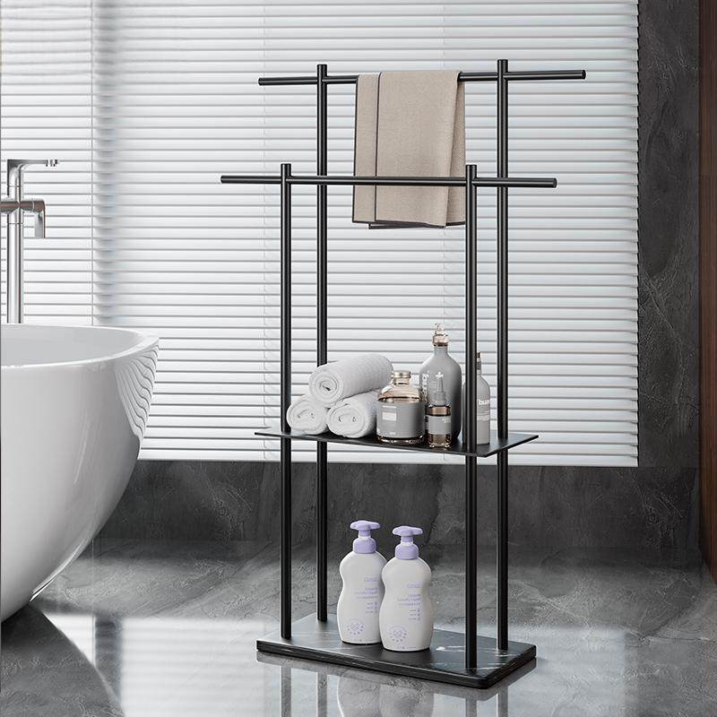 枪灰色落地毛巾架立式大理石置物架卫生间创意可移动浴缸浴巾挂架