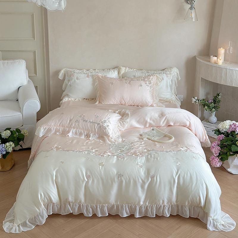 夏季A类少女心80支天丝四件套浪漫花卉刺绣被套床上用品