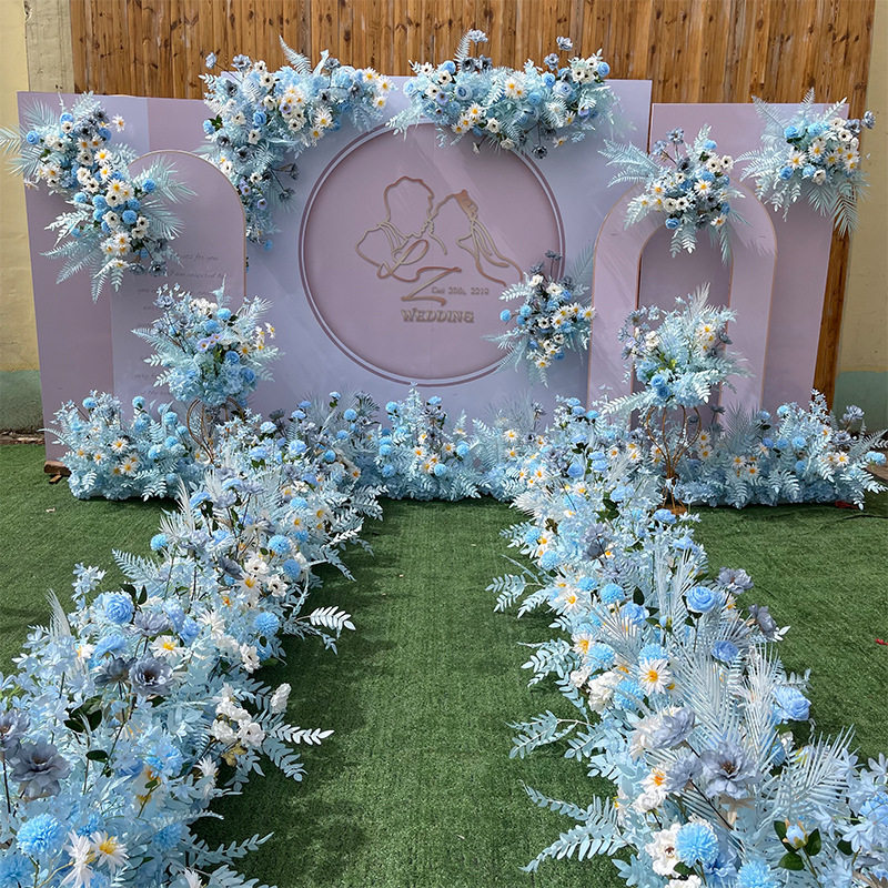 蓝色婚庆花艺仿真花婚礼布置排花路引花点花背景假花迎宾区装饰花