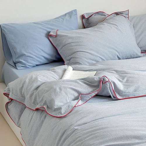 北欧风简约条纹全棉水洗棉四件套纯棉一米五床单被套1.5m1.8床品4