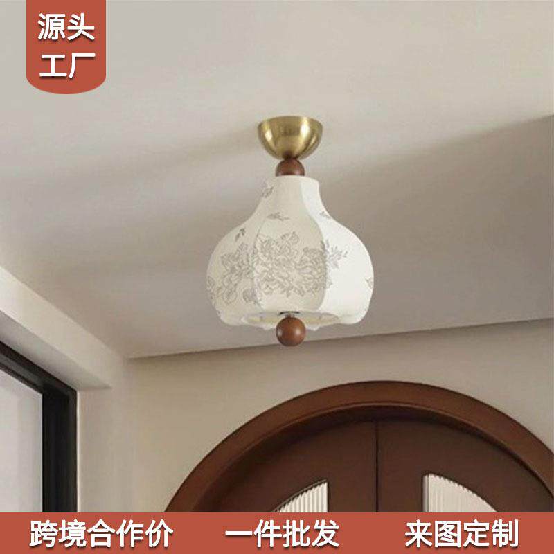 法式复古南洋风吸顶灯中古玄关入户过道阳台走廊新款花纹布艺灯具