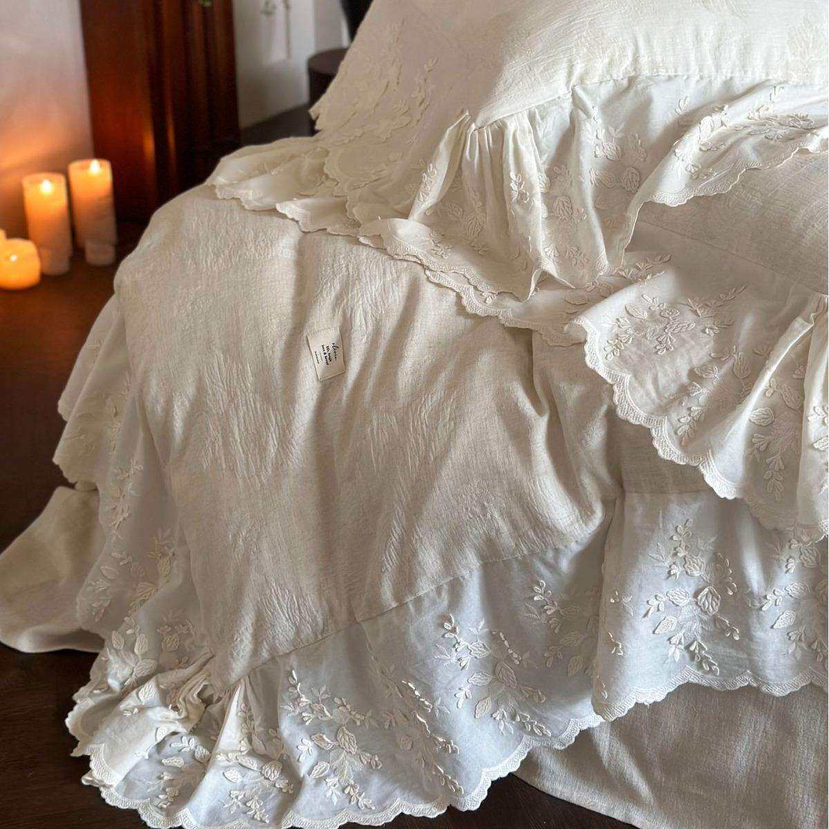 法式复古四件套纯棉全棉花边蕾丝亚麻4件套床上用品被套床单纯色