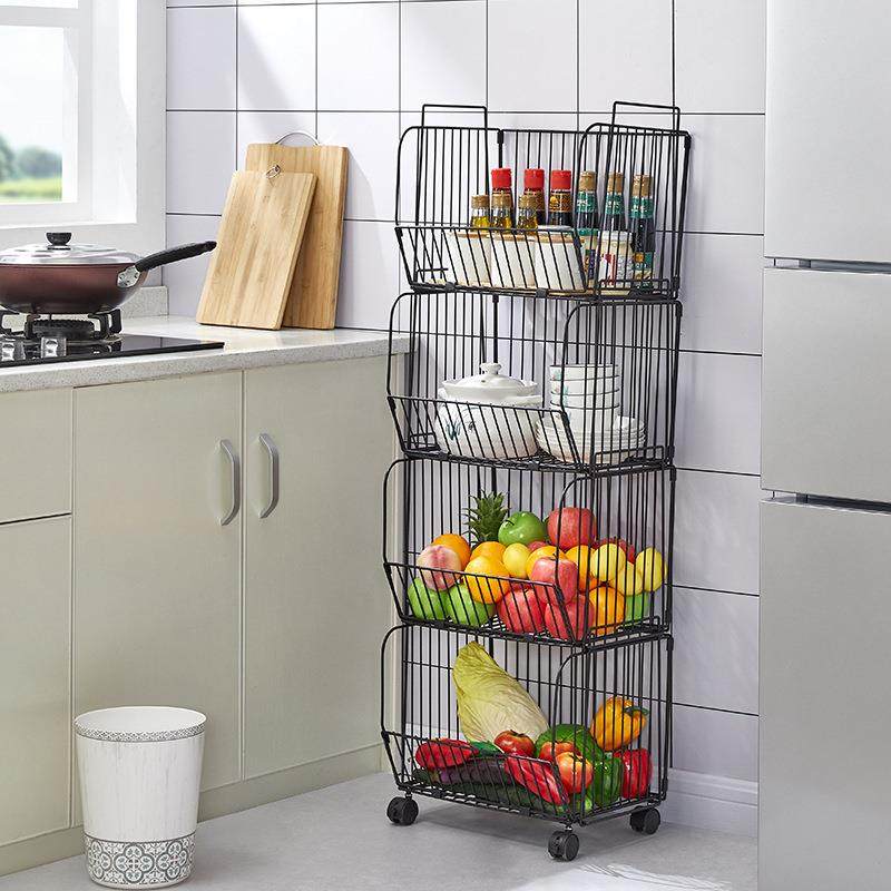 厨房蔬菜置物架子新款折叠落地滚动多层家用收纳筐水果蔬菜储蓄架