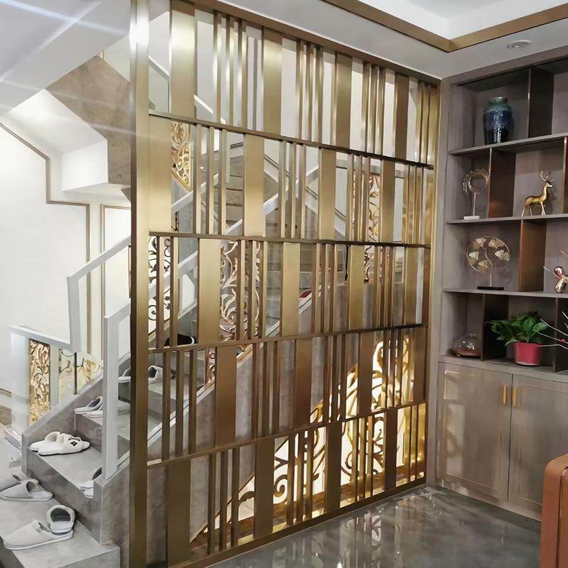 新中式不锈钢景墙屏风隔断现代简约入户金属花格镂空玄关装饰