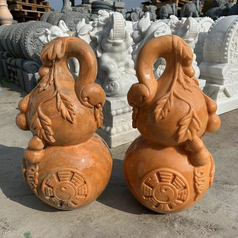石雕福禄寿喜财葫芦晚霞红汉白玉五福临门宝葫芦家居客厅雕刻摆件