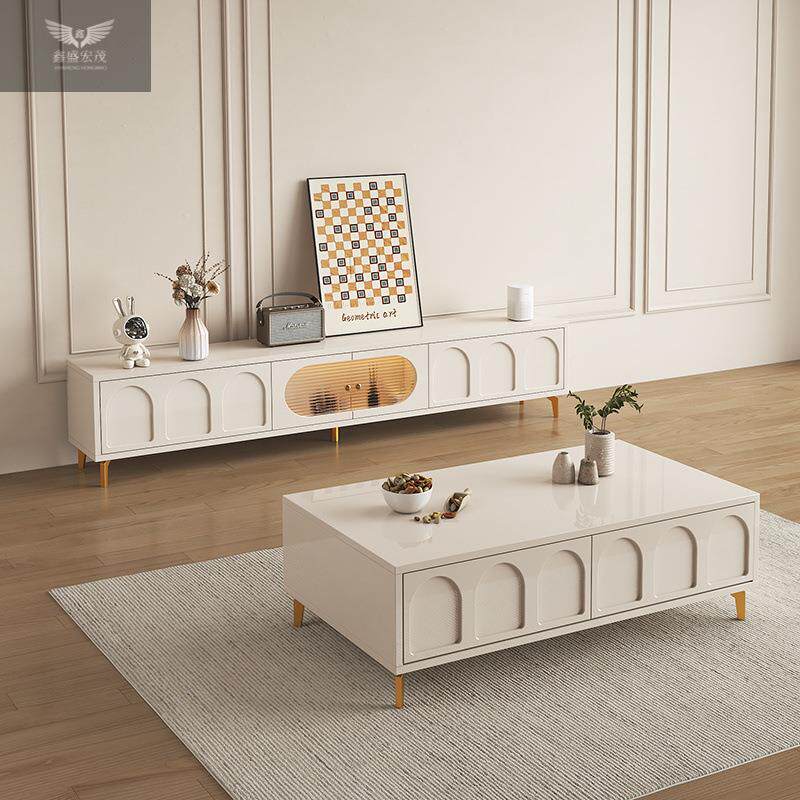 奶油风实木电视柜茶几组合小户型家用电视柜客厅茶几带抽屉包安装