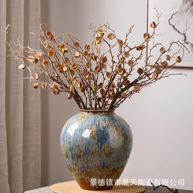 新中式复古陶瓷花瓶轻奢高级感干花插花客厅大肚径可水培陶罐摆件