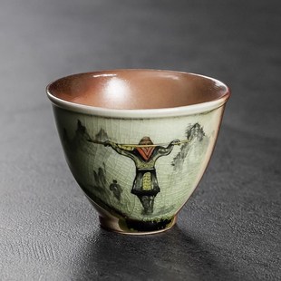 盖世英雄柴烧手绘主人杯国风纯手工手绘陶瓷杯复古禅定杯送礼收藏
