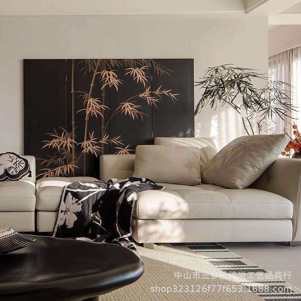 黑色竹子屏风手绘新中式客厅办公室茶室背景隔断简约移动折叠屏风