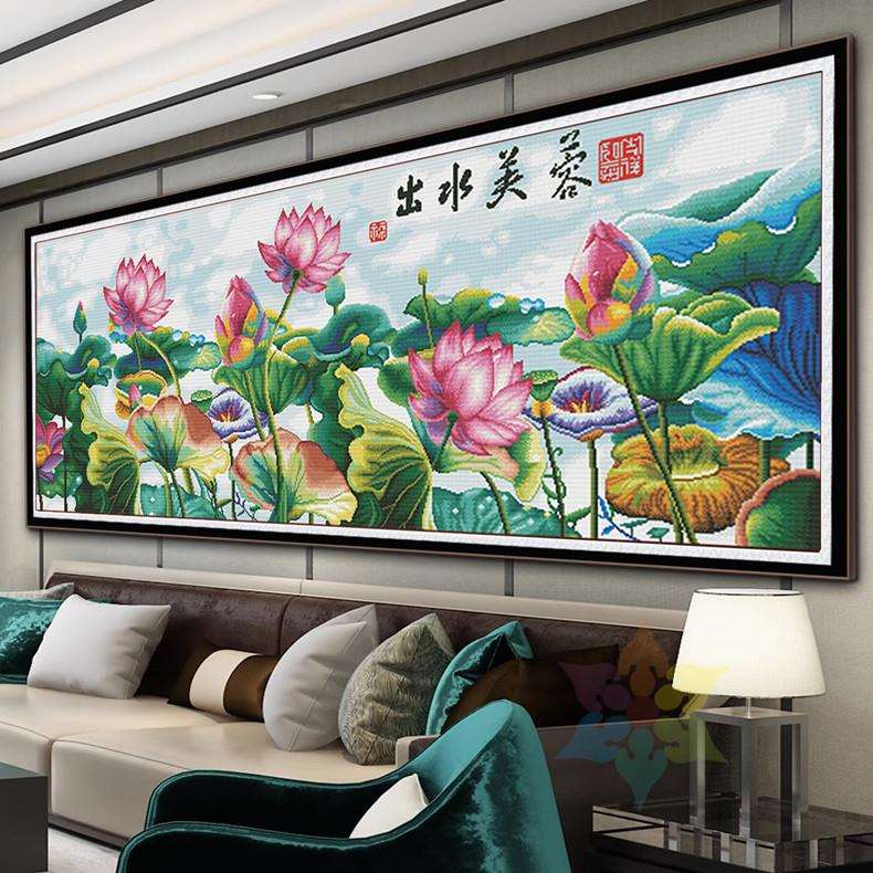 蒙娜丽莎十字绣2024新款出水芙蓉荷花线绣客厅风景手工自己绣满绣