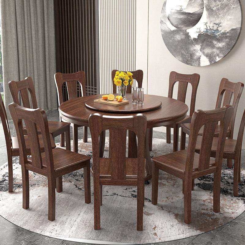 胡桃木餐桌椅组合纯全实木大圆桌子圆形新中式带转盘8/10人吃饭桌