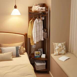 转角衣帽架带筐落地晾衣架家门口挂衣架卧室房间多功能收纳置物架