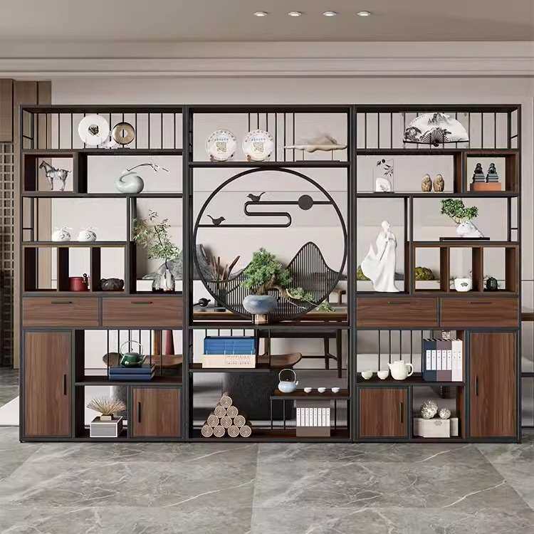 新中式铁艺博古架落地书架展示柜办公室隔段置物架餐厅茶室展示架