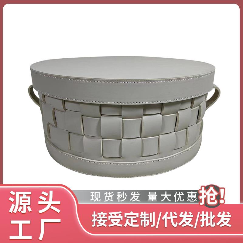 轻奢现代手工编织皮革圆筒收纳篓样板间衣帽间摆件衣柜收纳盒子
