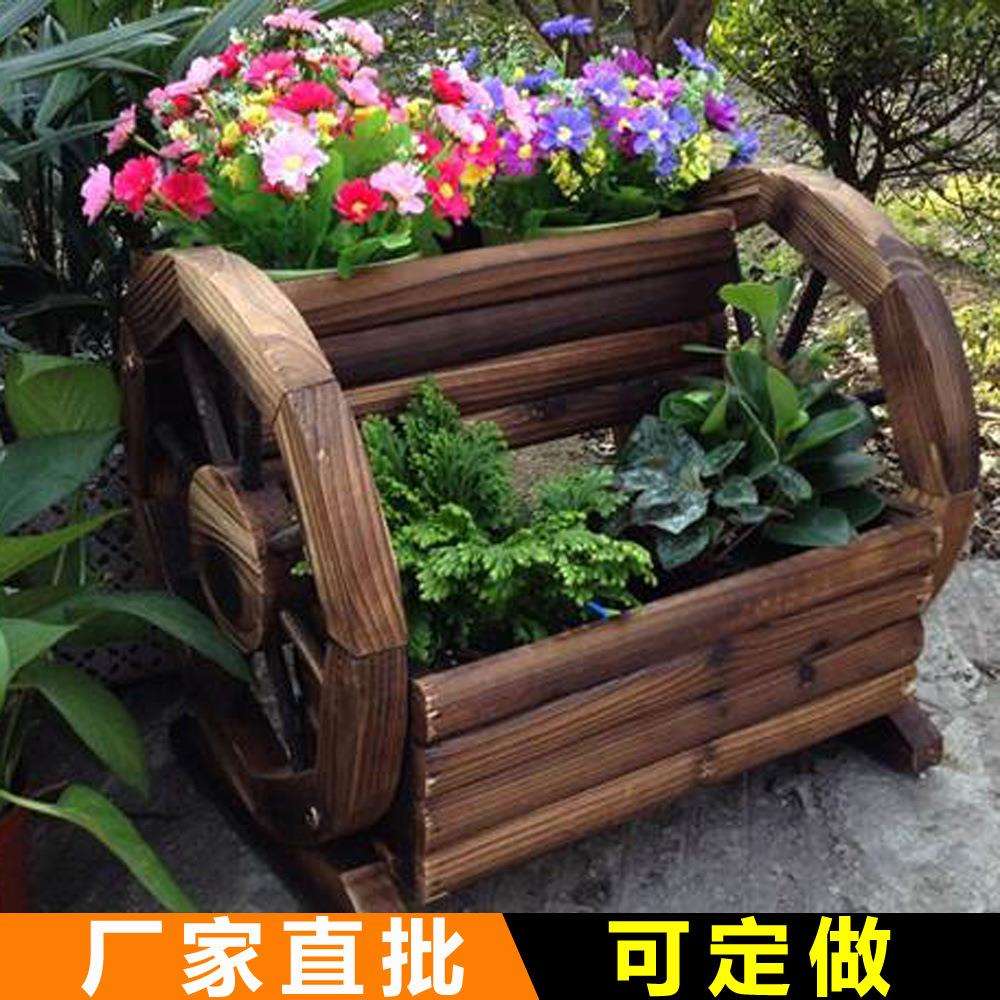 安吉工厂木质园艺花盆碳化防腐木花盆户外双层车轮花盆花车