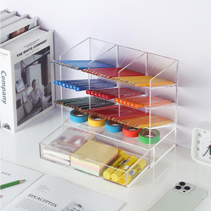 斜插笔筒收纳透明亚克力专用文具桌面收纳盒创意带抽屉展示架
