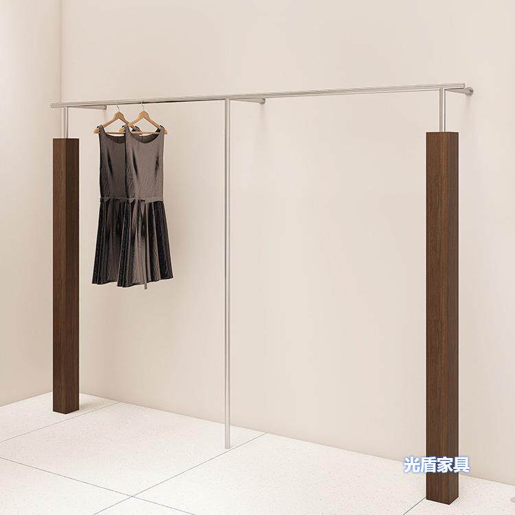 服装店展示架不锈钢上墙挂衣架胡桃色实木男女装店展示架童装货架