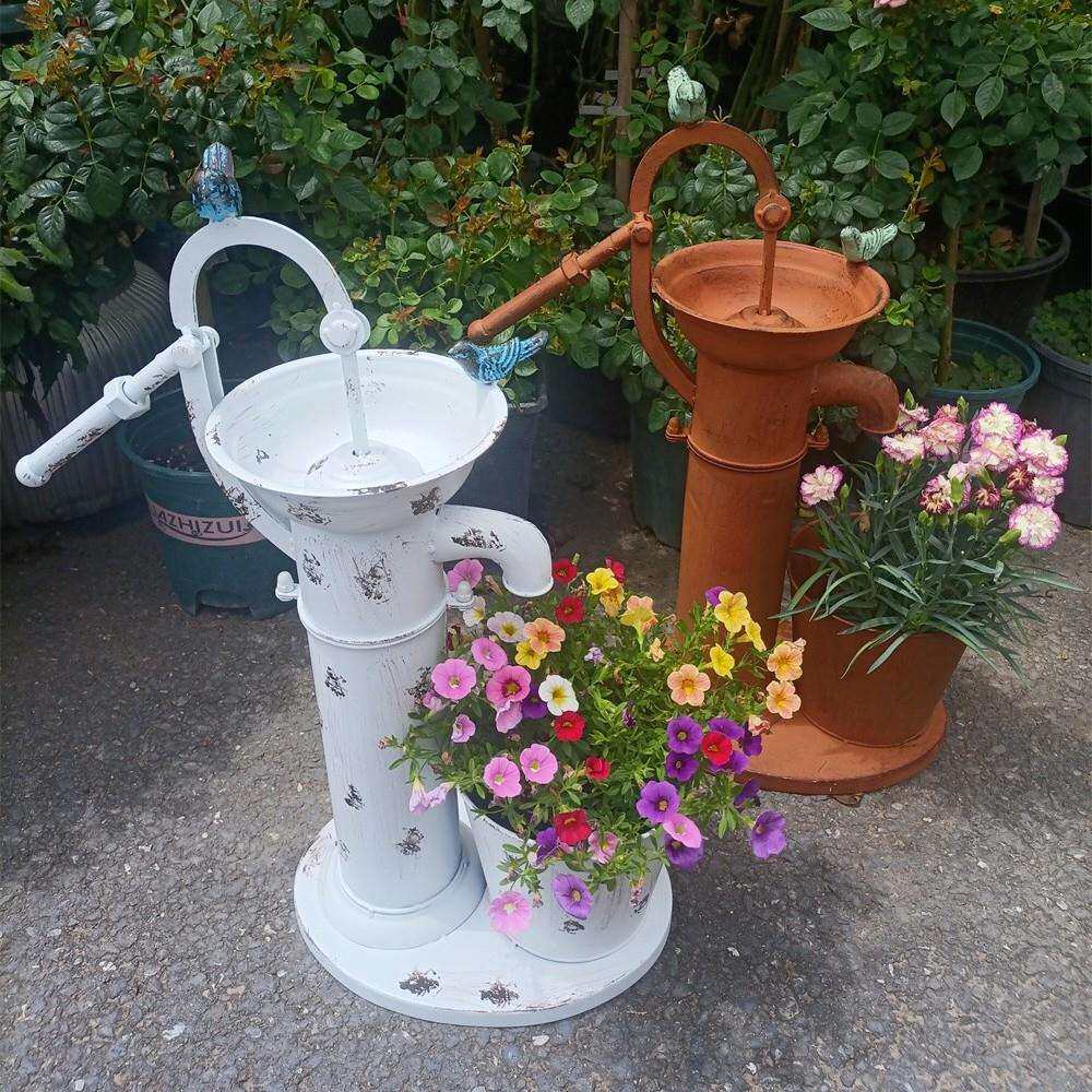 外贸爆款铁艺摇水泵田园风复古做旧蓝室外庭院花园装饰品