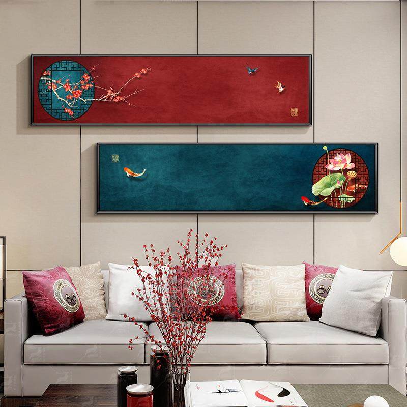 新中式花鸟装饰画客厅卧室床头背景挂画现代横幅工笔画中国风壁画