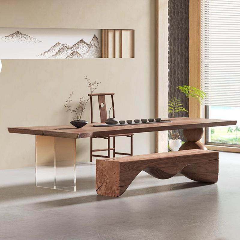 轻奢大气亚克力悬空实木泡茶桌原木大板碳化办公区休闲区泡茶桌台