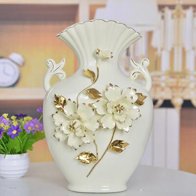 欧式陶瓷花瓶描金牙色花瓶工艺品精美家居客厅装饰品摆件