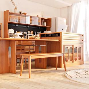 北欧樱桃木岛台餐桌一体日式 工作台餐厅饭桌小户型黑胡桃木一体化