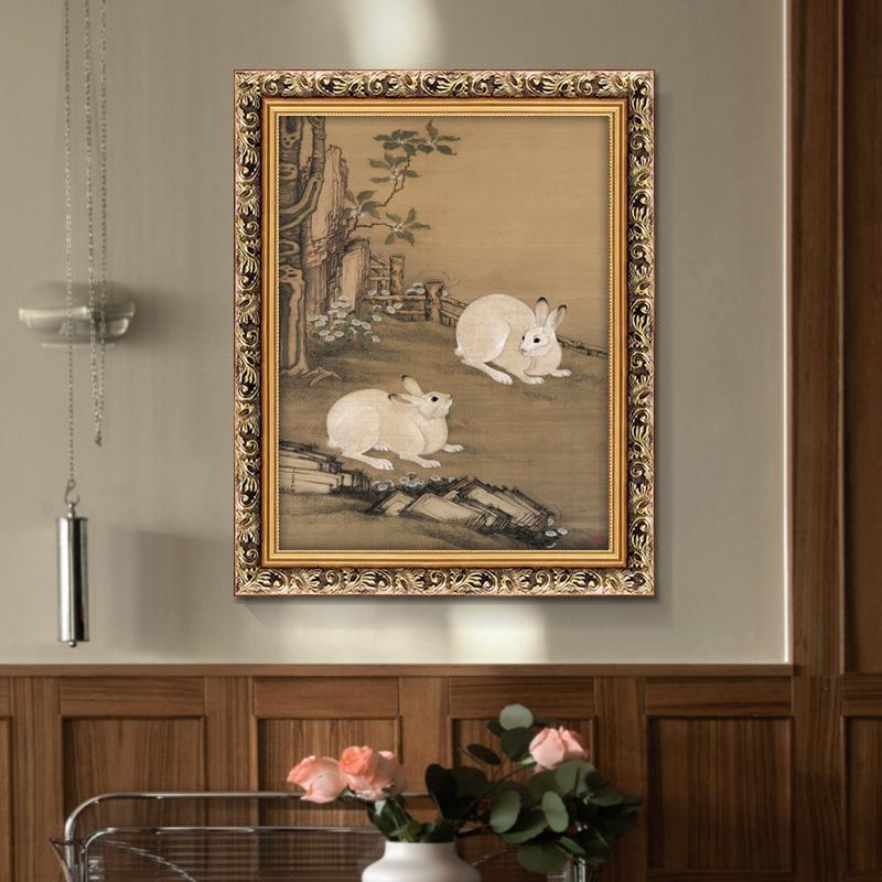 欧式复古梧桐双兔图客厅装饰画餐厅书房茶室挂画玄关油画动物壁画