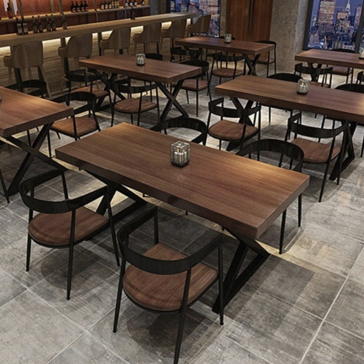 复古工业风餐厅酒吧烧烤店实木餐桌椅组合商用长方形奶茶店桌椅莳