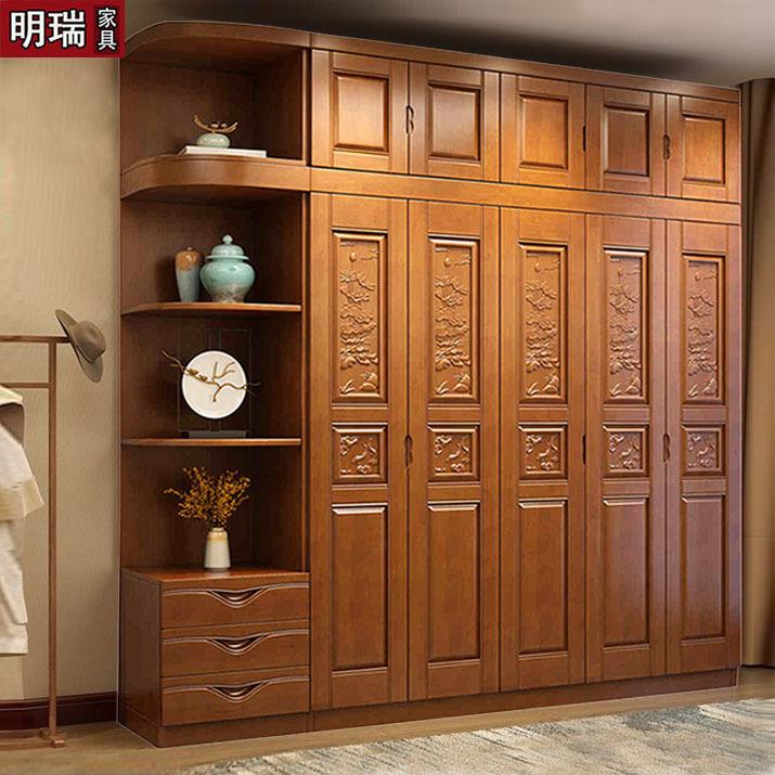 中式全实木雕花仿古转角卧室衣柜3四5六门橡木家用经济型大储物柜
