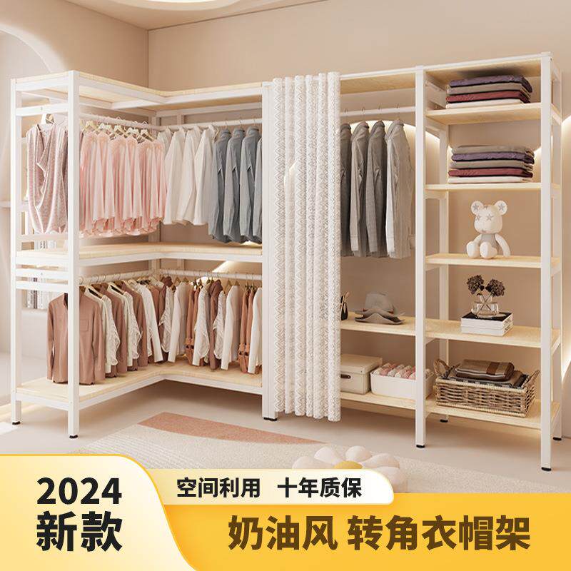 开放式简易衣柜家用卧室钢木组合转角加厚全钢架全封闭拉帘布衣柜