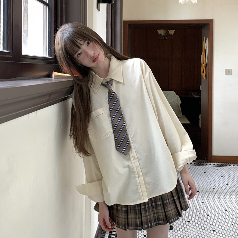 东京岁时记jk制服显瘦奶黄色灯芯绒长袖衬衫秋新款宽松上衣女