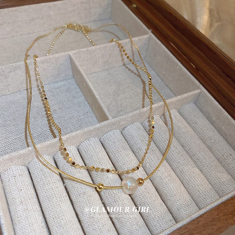 srrmhyn彩光人鱼姬珍珠链条多层项链韩国复古设计感锁骨链时尚气