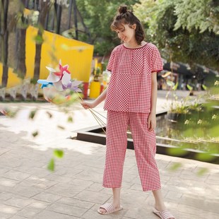 麦可将2025夏季女士短袖七分裤梭织纯棉格子简约套头薄款青年睡衣