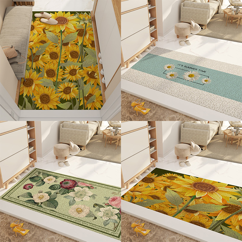 油画入户门地垫向日葵玄关防滑脚垫高弹丝圈耐脏进门垫大门口地毯