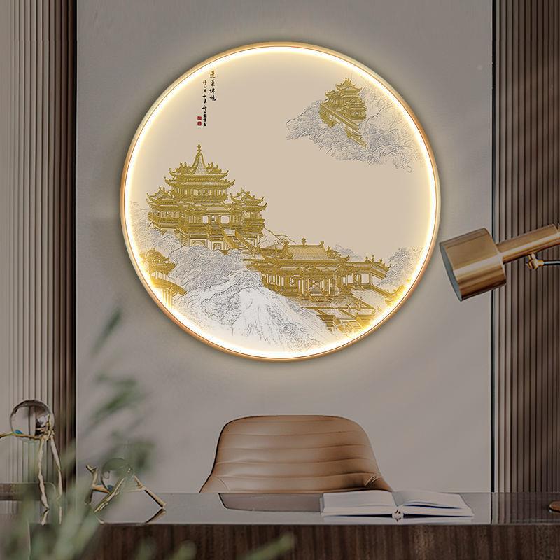 【折扣价】中式玄关装饰画灯新画圆形酒跨壁画境过店道水墨鹤楼背图片