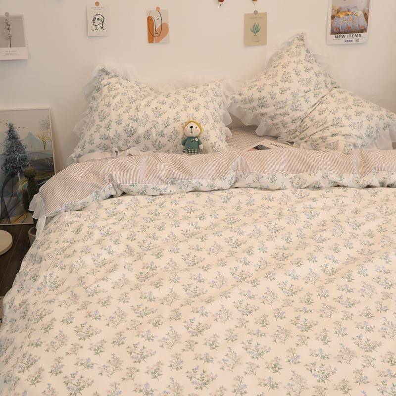 A5Lins韩式花边款小碎花三件套田园床单被套1.8米床上四件套