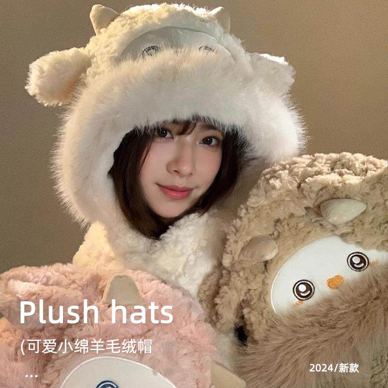 冬季新款可爱小绵羊毛绒帽女帽子围巾一体加厚防寒保暖甜美雷锋帽