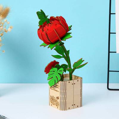 新品3D立体拼图木质牡丹花拼图儿童益智玩具天葵牡丹莲花拼图玩具