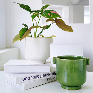 日式兰花陶瓷花盆釉面蝴蝶兰无孔碗莲北欧兰花水培小套盆绿色器皿