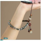 国风小清新绿檀木珠手机挂绳绿幽灵水晶手机链防丢短款 手腕绳新款